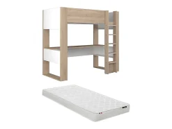 Lit mezzanine avec bureau et rangements intégrés - 90 x 200 cm - Chêne et blanc + matelas - NOAH II