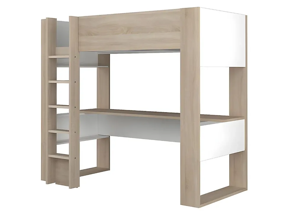 Lit mezzanine avec bureau et rangements intégrés - 90 x 200 cm - Chêne et blanc + matelas - NOAH II