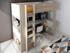 Lit mezzanine avec bureau et rangements intégrés - 90 x 200 cm - Chêne et blanc + matelas - NOAH II