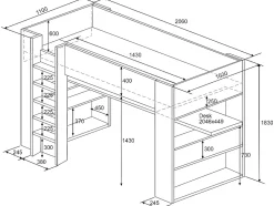 Lit mezzanine avec bureau et rangements intégrés - 90 x 200 cm - Chêne et blanc + matelas - NOAH II