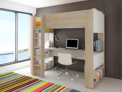 Lit mezzanine avec bureau et rangements intégrés - 90 x 200 cm - Chêne et blanc - NOAH II
