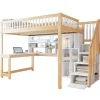 Lit mezzanine avec éclairage LED,140x200cm,blanc et naturel, échelle, étagères, bureau