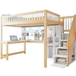 Lit mezzanine avec éclairage LED,140x200cm,blanc et naturel, échelle, étagères, bureau