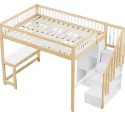 Lit mezzanine avec éclairage LED,140x200cm,blanc et naturel, échelle, étagères, bureau