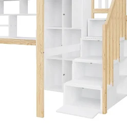 Lit mezzanine avec éclairage LED,140x200cm,blanc et naturel, échelle, étagères, bureau