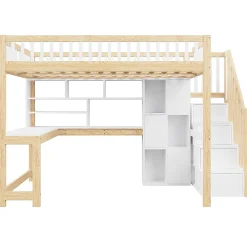 Lit mezzanine avec éclairage LED,140x200cm,blanc et naturel, échelle, étagères, bureau