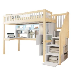 Lit mezzanine avec éclairage LED et bureau,90x200cm,blanc et naturel,échelle et étagères de rangement