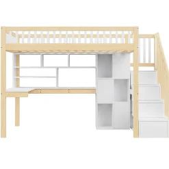 Lit mezzanine avec éclairage LED et bureau,90x200cm,blanc et naturel,échelle et étagères de rangement