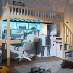 Lit mezzanine avec éclairage LED et bureau,90x200cm,blanc et naturel,échelle et étagères de rangement