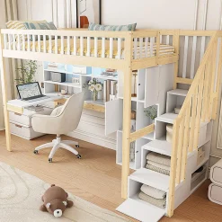 Lit mezzanine avec éclairage LED et bureau,90x200cm,blanc et naturel,échelle et étagères de rangement
