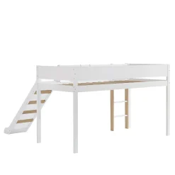 Lit mezzanine avec toboggan, échelle droite à 3 marches, étagère amovible, MDF et pin, blanc naturel, 90x200cm