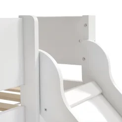 Lit mezzanine avec toboggan, échelle droite à 3 marches, étagère amovible, MDF et pin, blanc naturel, 90x200cm