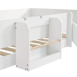 Lit mezzanine avec toboggan, échelle droite à 3 marches, étagère amovible, MDF et pin, blanc naturel, 90x200cm