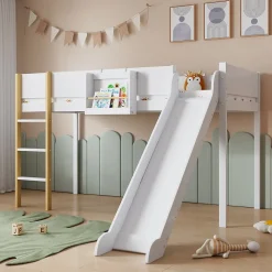 Lit mezzanine avec toboggan, échelle droite à 3 marches, étagère amovible, MDF et pin, blanc naturel, 90x200cm