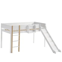 Lit mezzanine avec toboggan, échelle droite à 3 marches, étagère amovible, MDF et pin, blanc naturel, 90x200cm