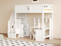 Lit mezzanine bois massif 90 par 200 cm porte securite fenetre escalier interchangeable gauche droite blanc