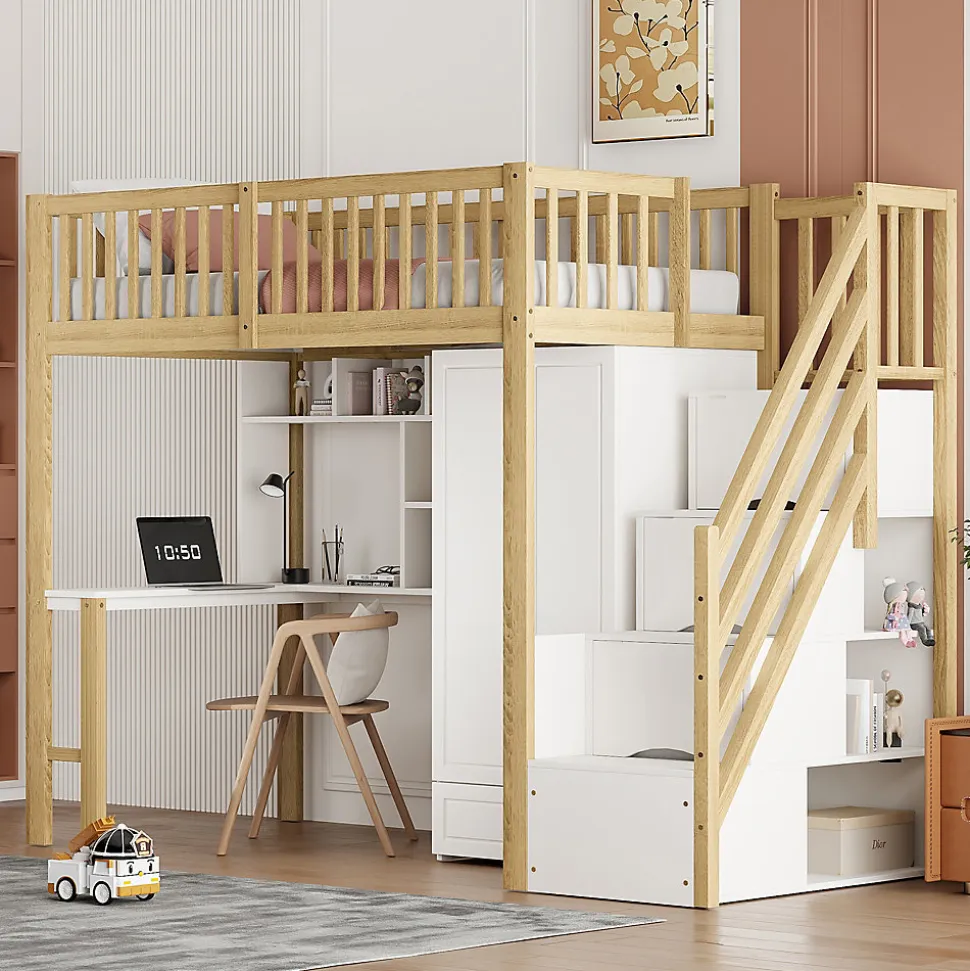 Lit Mezzanine Bois 90x200 cm avec Armoire, Bureau et Escalier de Rangement, Lit Multifonction Blanc - Bois Naturel