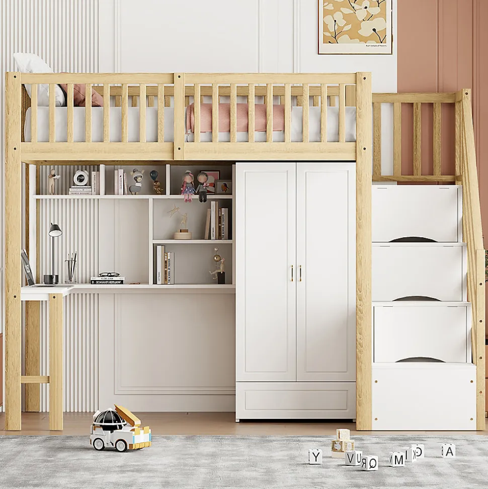 Lit Mezzanine Bois 90x200 cm avec Armoire, Bureau et Escalier de Rangement, Lit Multifonction Blanc - Bois Naturel