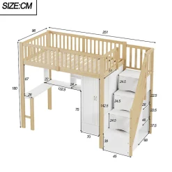Lit Mezzanine Bois 90x200 cm avec Armoire, Bureau et Escalier de Rangement, Lit Multifonction Blanc - Bois Naturel