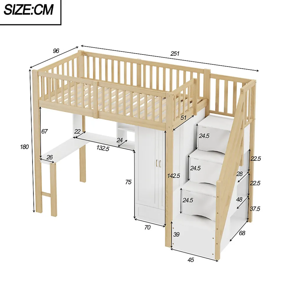 Lit Mezzanine Bois 90x200 cm avec Armoire, Bureau et Escalier de Rangement, Lit Multifonction Blanc - Bois Naturel