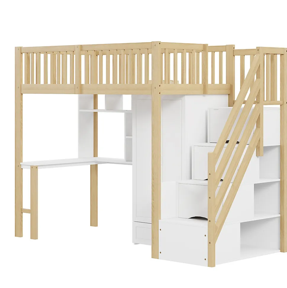 Lit Mezzanine Bois 90x200 cm avec Armoire, Bureau et Escalier de Rangement, Lit Multifonction Blanc - Bois Naturel