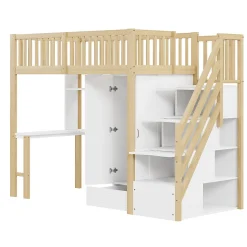Lit Mezzanine Bois 90x200 cm avec Armoire, Bureau et Escalier de Rangement, Lit Multifonction Blanc - Bois Naturel