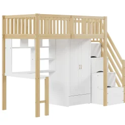 Lit Mezzanine Bois 90x200 cm avec Armoire, Bureau et Escalier de Rangement, Lit Multifonction Blanc - Bois Naturel