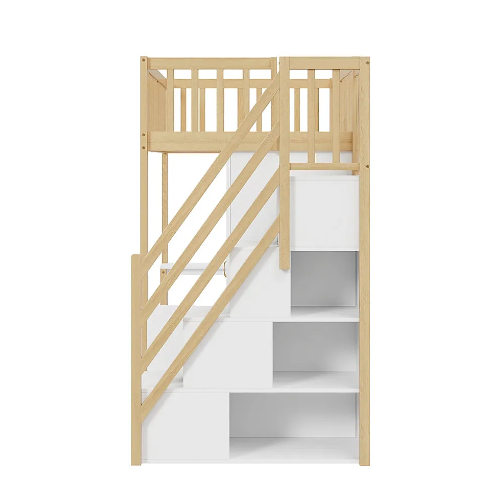 Lit Mezzanine Bois 90x200 cm avec Armoire, Bureau et Escalier de Rangement, Lit Multifonction Blanc - Bois Naturel