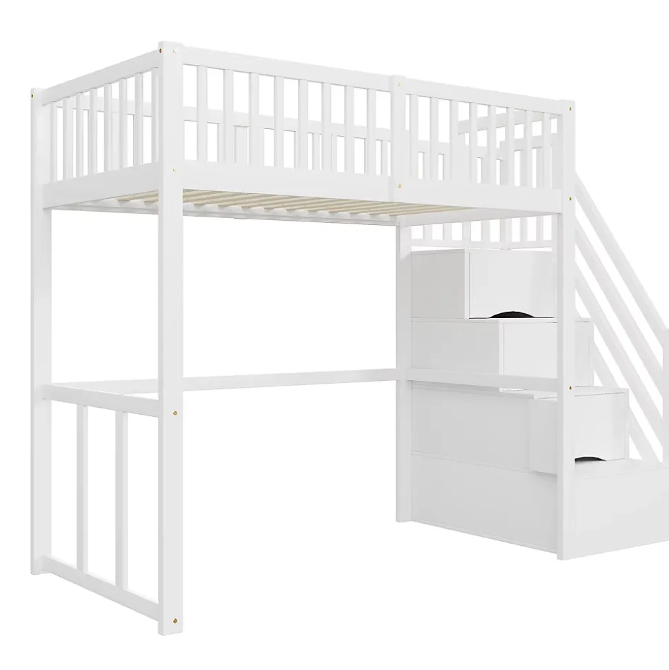 Lit Mezzanine Bois 90x200 cm enfant avec Escalier Sécurisé et Rangement Intégré - Blanc
