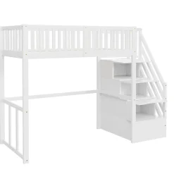 Lit Mezzanine Bois 90x200 cm enfant avec Escalier Sécurisé et Rangement Intégré - Blanc