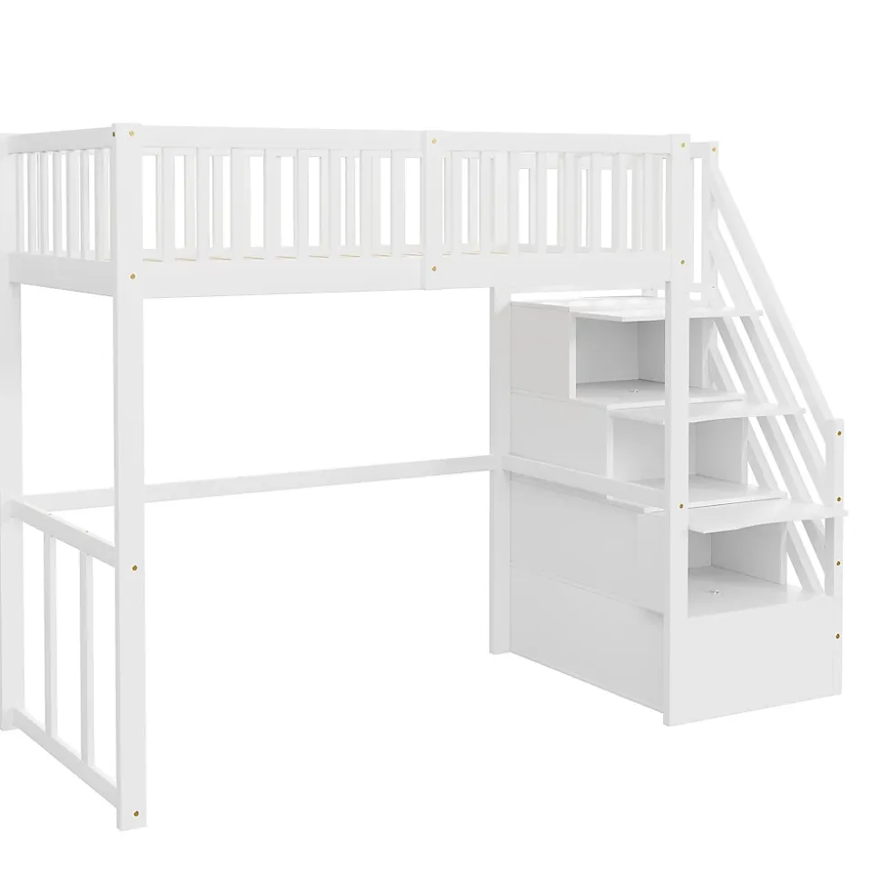 Lit Mezzanine Bois 90x200 cm enfant avec Escalier Sécurisé et Rangement Intégré - Blanc