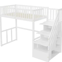 Lit Mezzanine Bois 90x200 cm enfant avec Escalier Sécurisé et Rangement Intégré - Blanc
