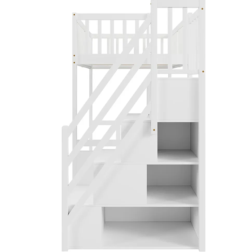 Lit Mezzanine Bois 90x200 cm enfant avec Escalier Sécurisé et Rangement Intégré - Blanc