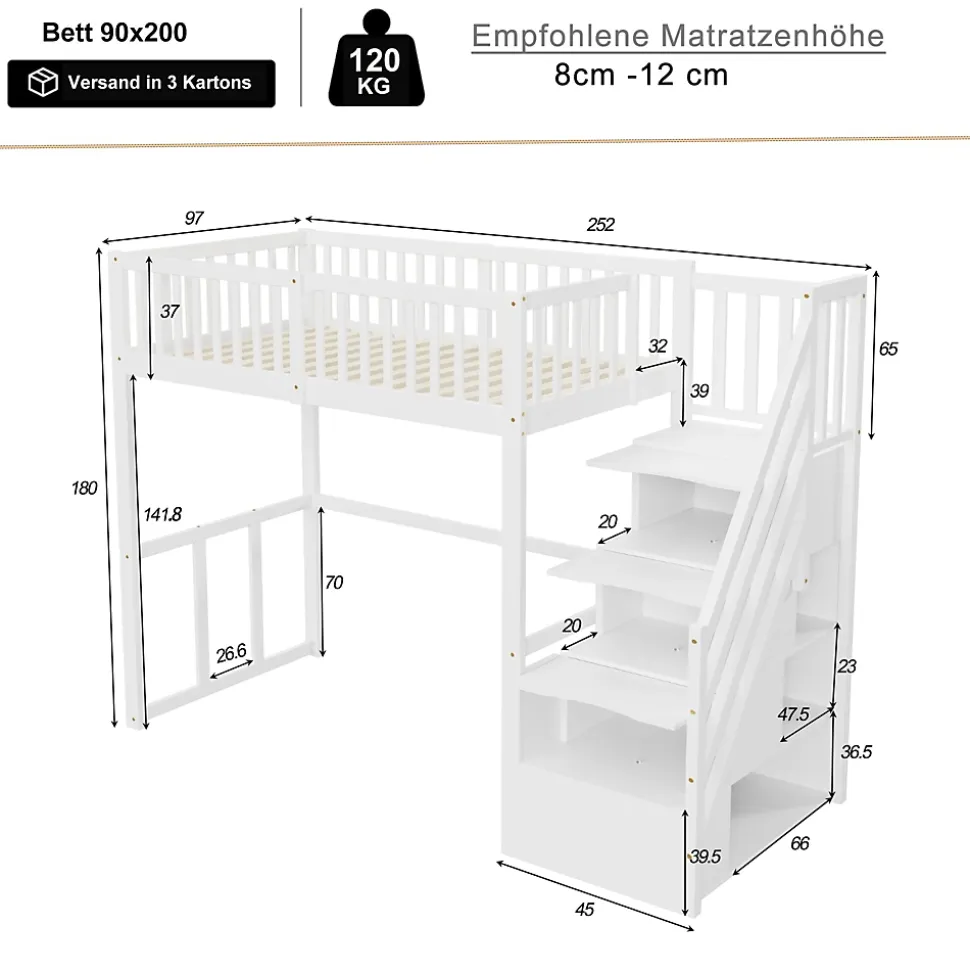 Lit Mezzanine Bois 90x200 cm enfant avec Escalier Sécurisé et Rangement Intégré - Blanc