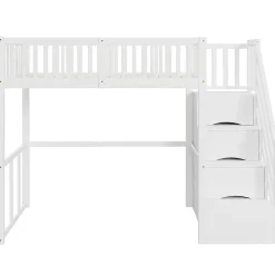 Lit Mezzanine Bois 90x200 cm enfant avec Escalier Sécurisé et Rangement Intégré - Blanc