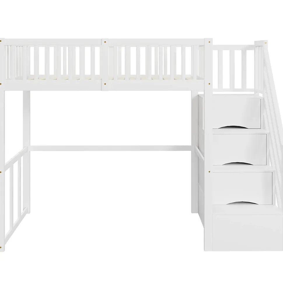 Lit Mezzanine Bois 90x200 cm enfant avec Escalier Sécurisé et Rangement Intégré - Blanc