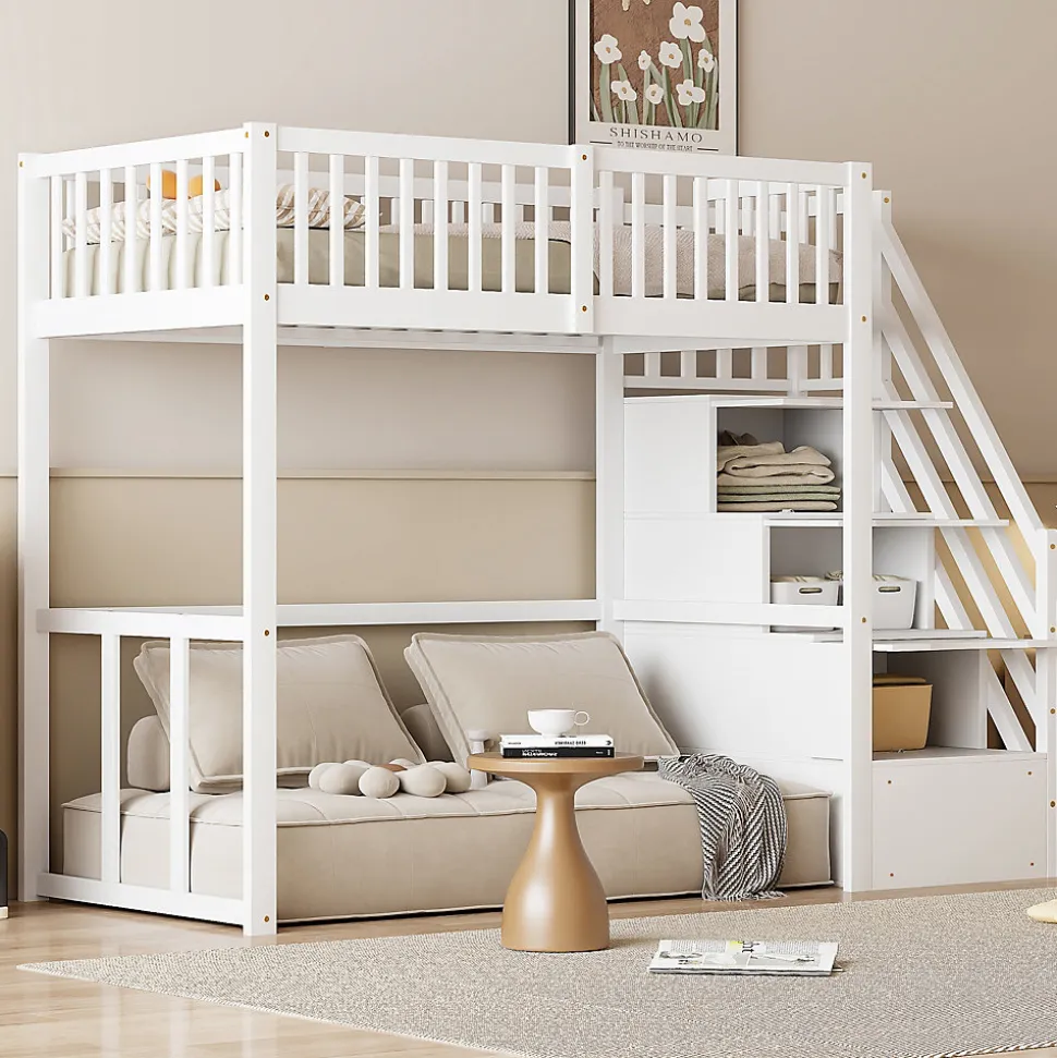 Lit Mezzanine Bois 90x200 cm enfant avec Escalier Sécurisé et Rangement Intégré - Blanc
