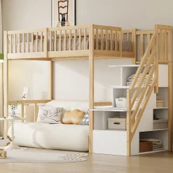 Lit Mezzanine Bois 90x200 cm enfant avec Escalier Sécurisé et Rangement - Bois Naturel