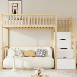 Lit Mezzanine Bois 90x200 cm enfant avec Escalier Sécurisé et Rangement - Bois Naturel