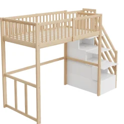 Lit Mezzanine Bois 90x200 cm enfant avec Escalier Sécurisé et Rangement - Bois Naturel