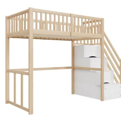 Lit Mezzanine Bois 90x200 cm enfant avec Escalier Sécurisé et Rangement - Bois Naturel