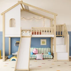 Lit mezzanine cabane 90x200 cm - Lit avec rangement sous l'escalier et toboggan - Pin naturel - Sans matelas - Blanc et Naturel