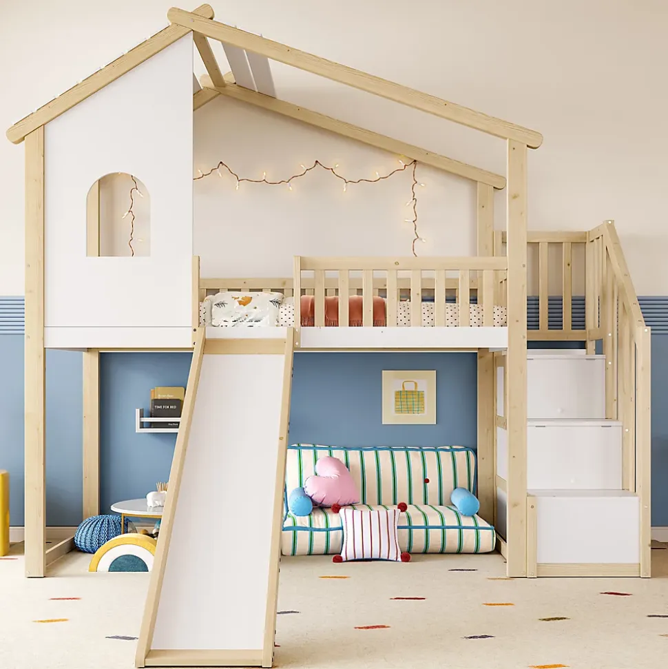 Lit mezzanine cabane 90x200 cm - Lit avec rangement sous l'escalier et toboggan - Pin naturel - Sans matelas - Blanc et Naturel