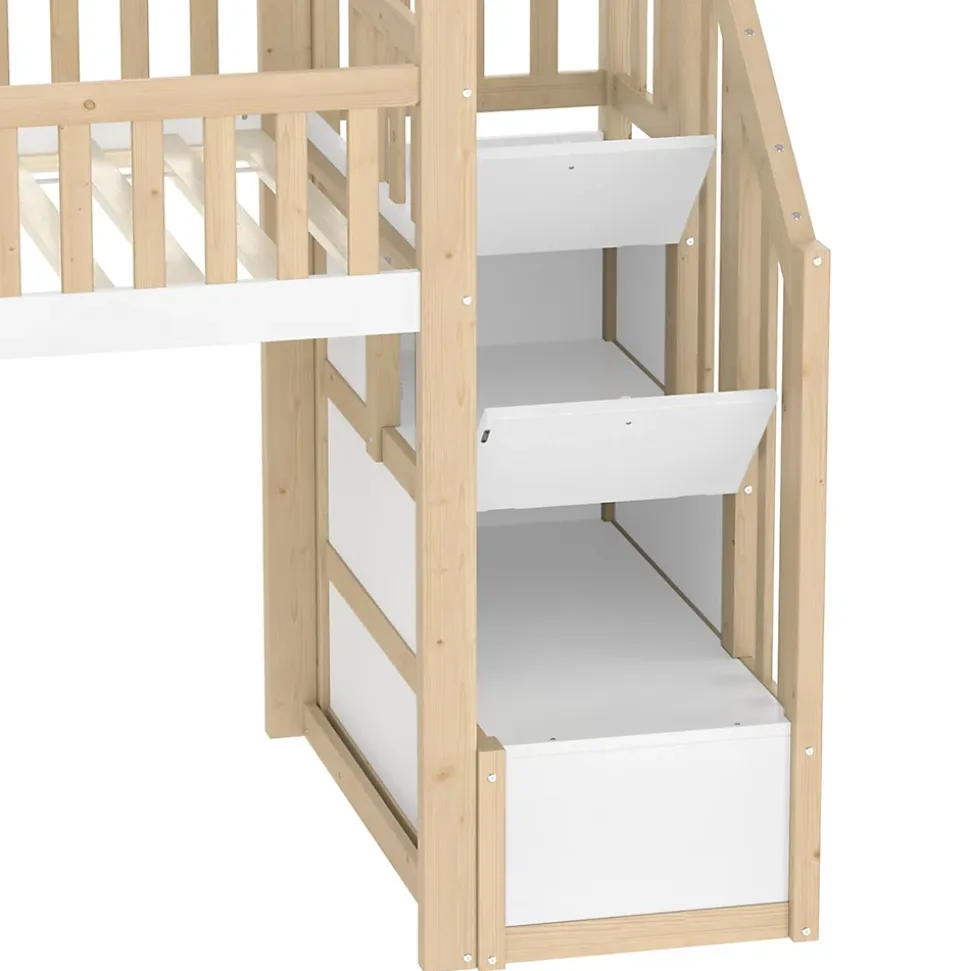 Lit mezzanine cabane 90x200 cm - Lit avec rangement sous l'escalier et toboggan - Pin naturel - Sans matelas - Blanc et Naturel