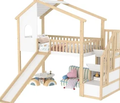 Lit mezzanine cabane 90x200 cm - Lit avec rangement sous l'escalier et toboggan - Pin naturel - Sans matelas - Blanc et Naturel