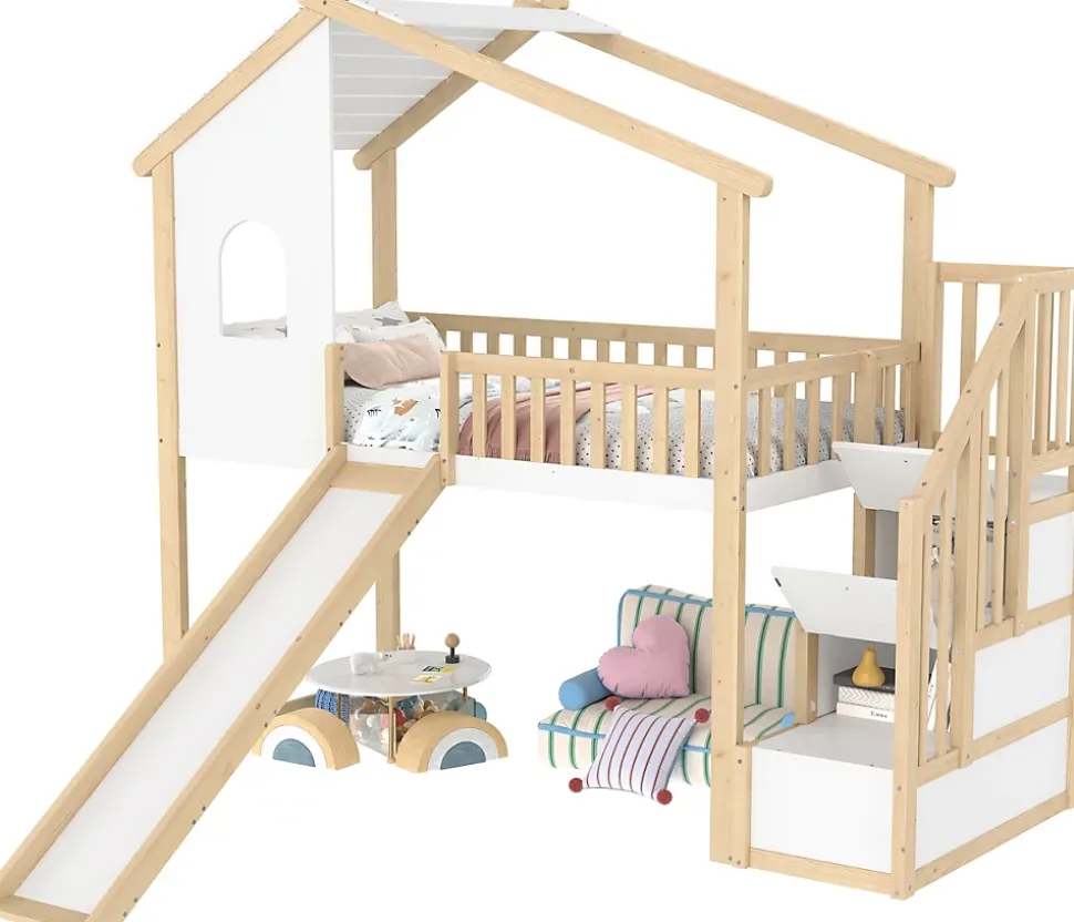 Lit mezzanine cabane 90x200 cm - Lit avec rangement sous l'escalier et toboggan - Pin naturel - Sans matelas - Blanc et Naturel