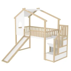 Lit mezzanine cabane 90x200 cm - Lit avec rangement sous l'escalier et toboggan - Pin naturel - Sans matelas - Blanc et Naturel