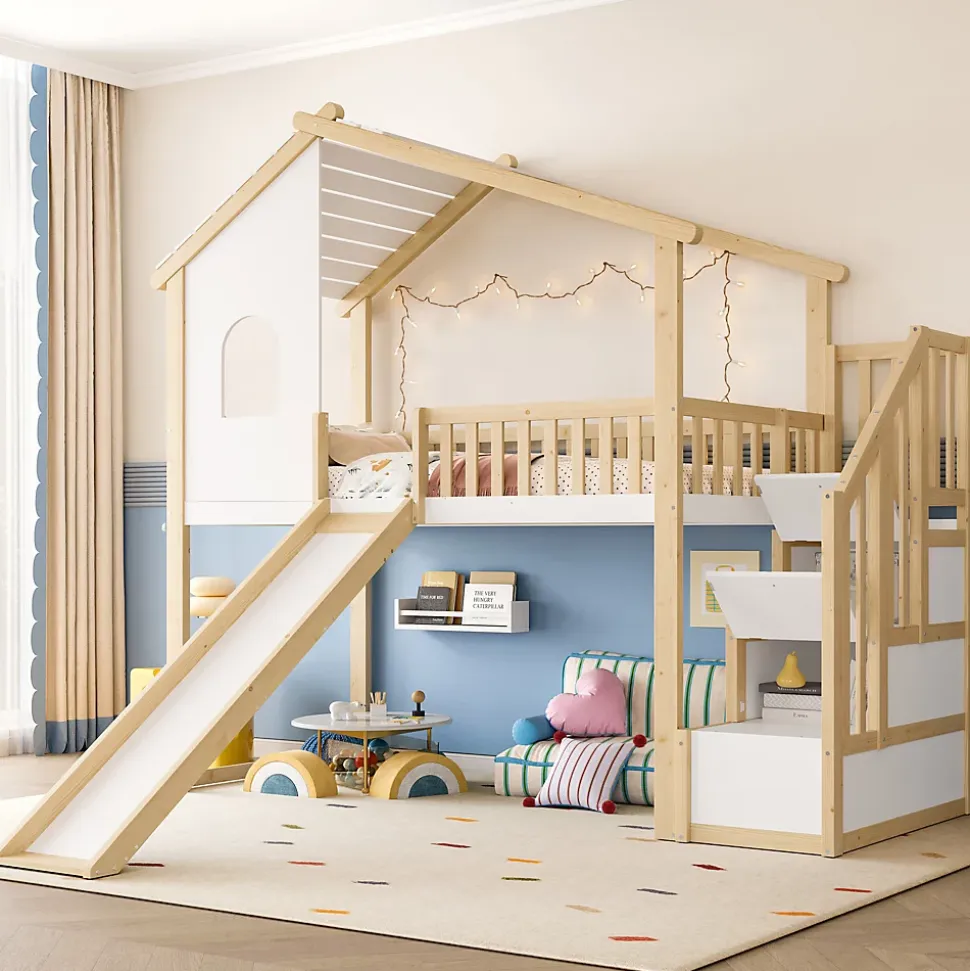 Lit mezzanine cabane 90x200 cm - Lit avec rangement sous l'escalier et toboggan - Pin naturel - Sans matelas - Blanc et Naturel