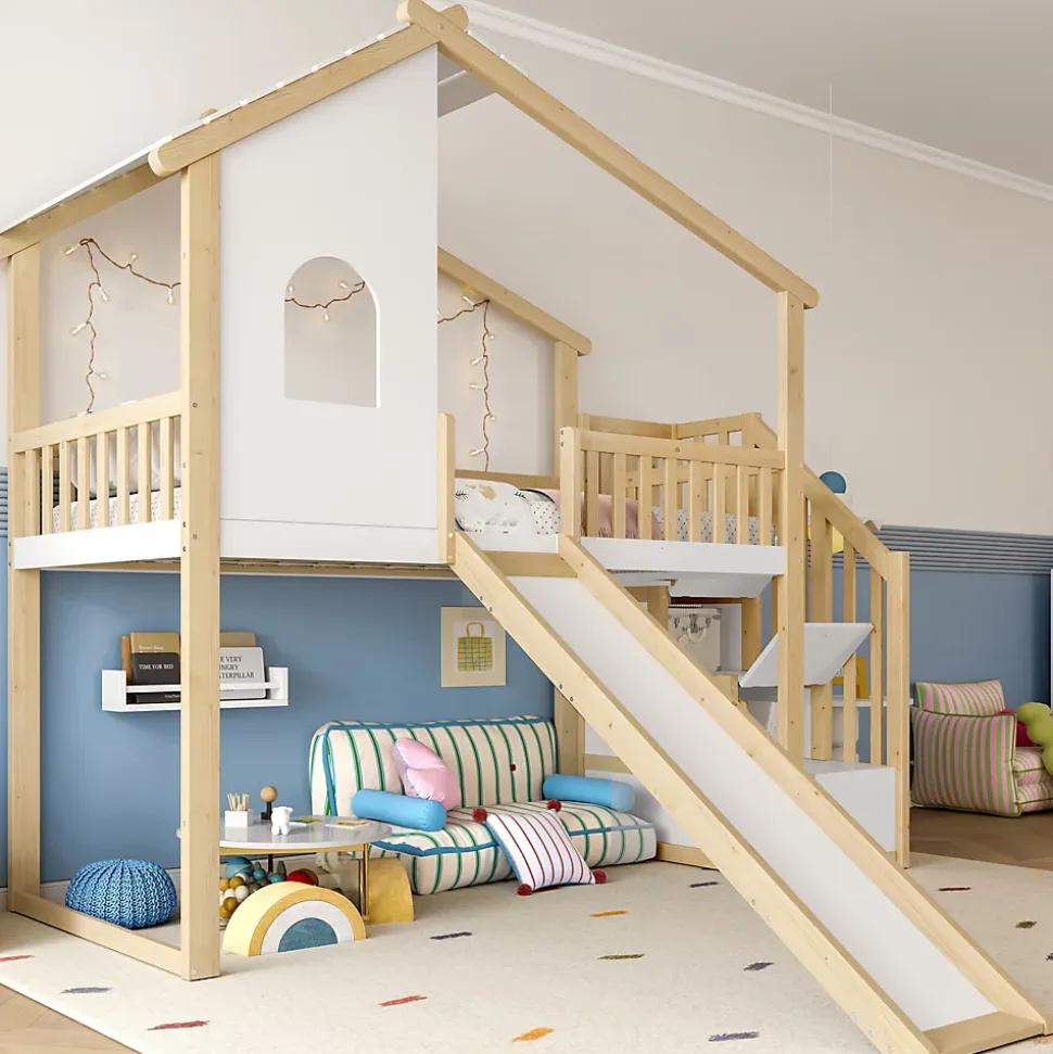 Lit mezzanine cabane 90x200 cm - Lit avec rangement sous l'escalier et toboggan - Pin naturel - Sans matelas - Blanc et Naturel