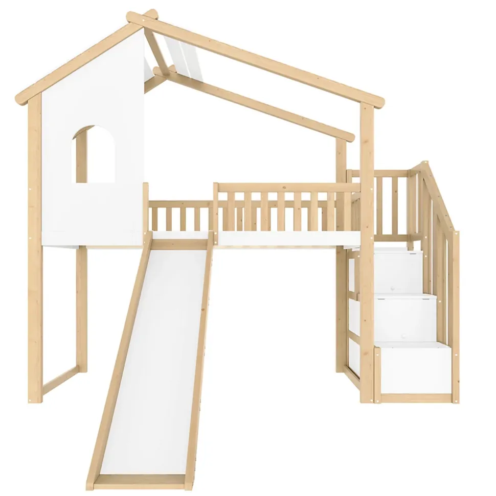 Lit mezzanine cabane 90x200 cm - Lit avec rangement sous l'escalier et toboggan - Pin naturel - Sans matelas - Blanc et Naturel